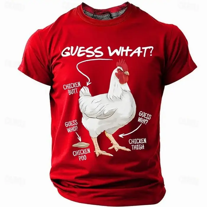 T-shirt humoristique pour homme avec impression 3D de poulet « Guess What », col rond, coupe ample, 