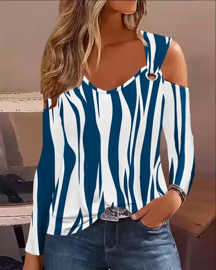 T-shirt rayé à épaules dénudées pour femme, manches longues, col en V, haut décontracté, tenue chic streetwear tendance