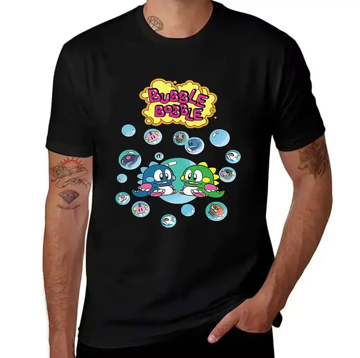 T-shirt graphique Bubble Bobble 100 % coton pour homme, imprimé jeu d'arcade rétro, décontracté