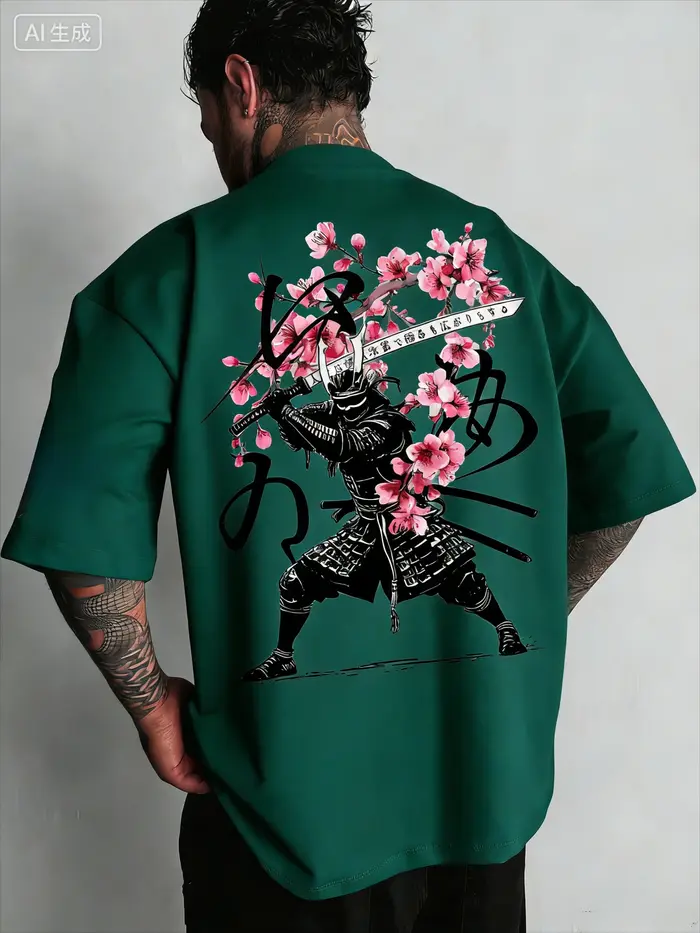 T-shirt imprimé couteau de samouraï japonais à fleurs de cerisier pour homme