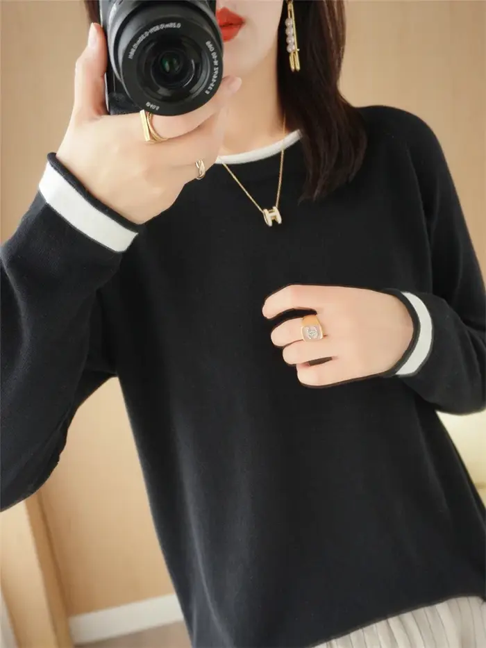 Printemps automne offre spéciale nouveau 100% pur coton pull femmes col rond pull contraste sertissa