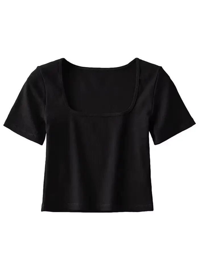 T-shirt court côtelé à col carré pour femmes, haut court à manches courtes