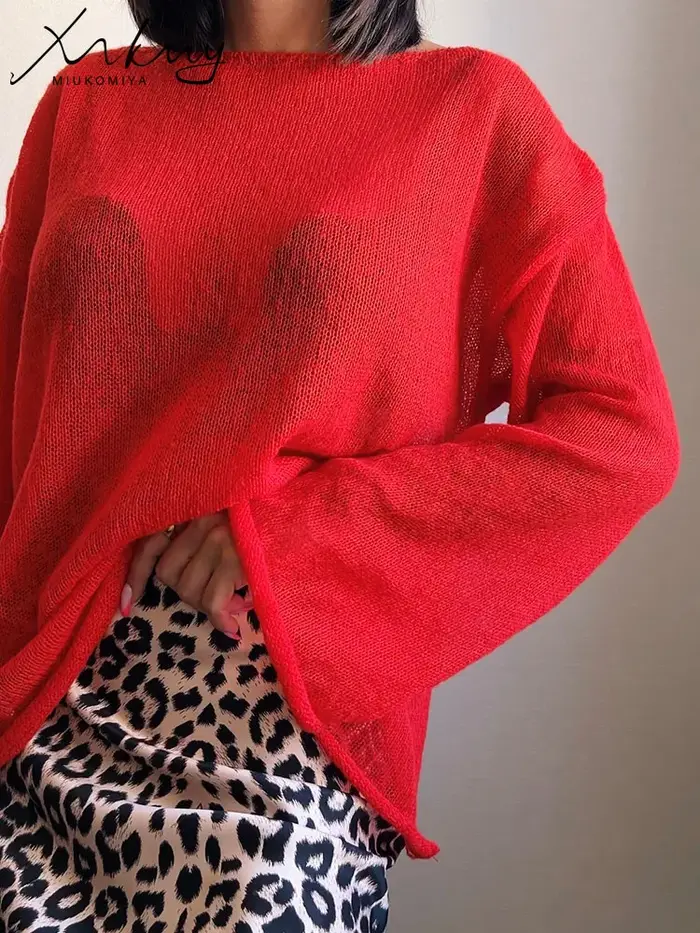 T-shirts rouges surdimensionné mince tricot pull femmes été trompette à manches longues t-shirt