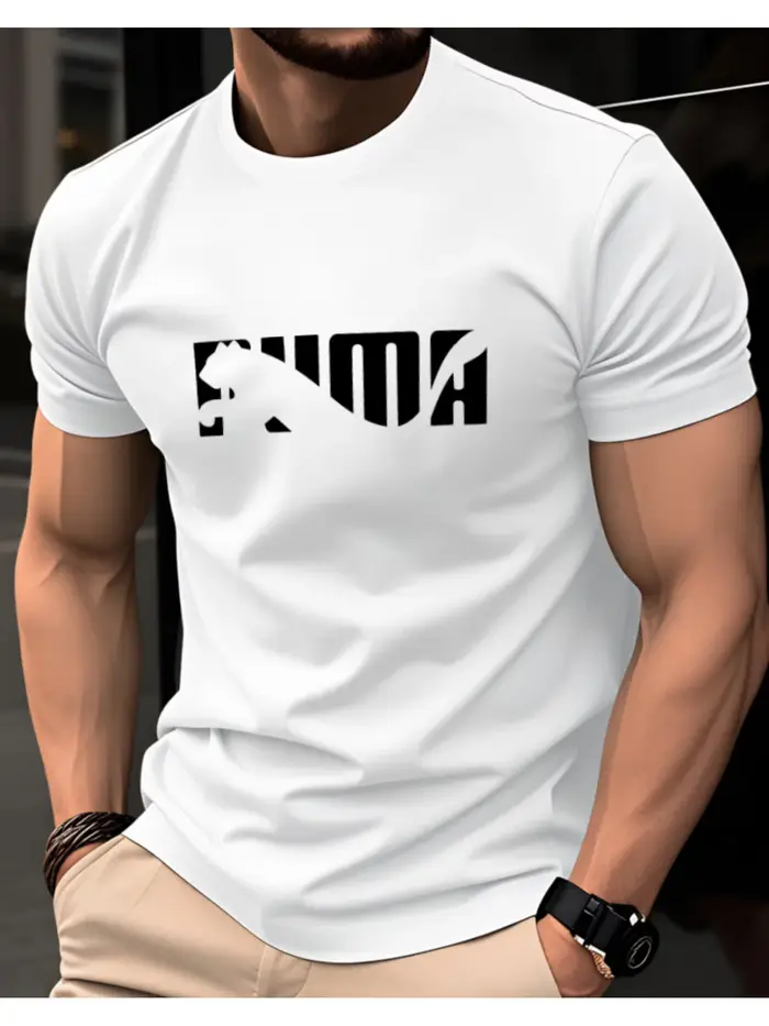 T-shirt blanc à col rond et manches courtes pour homme avec imprimé lettres abstraites, coupe slim d