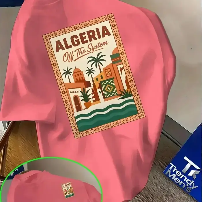 T-shirt rose à motif algérien pour hommes et enfants - Texte audacieux « Algérie » et design de paysage urbain
