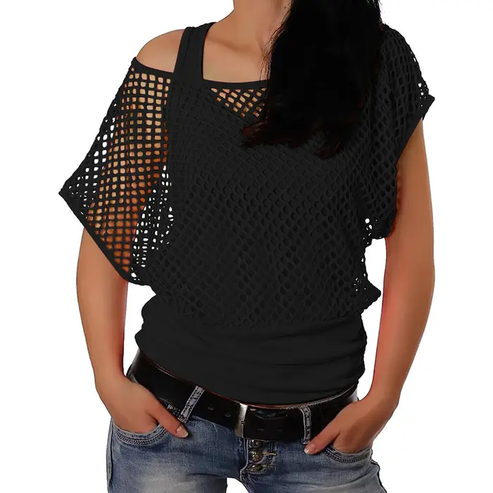 T-shirt à manches courtes en résille pour femmes, couleur néon, style vintage des années 80, pour fe