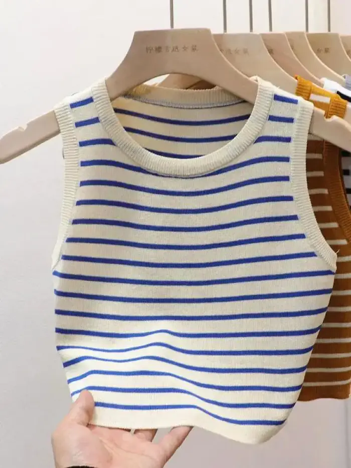 Nouveauté 2026 – Débardeurs rayés tricotés sans manches pour femme – T-shirts courts élastiques et ajustés – Gilets décontractés à col en V – Camisoles pull-over