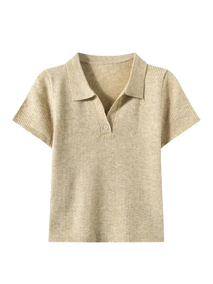 Polo en tricot côtelé pour femme, manches courtes, coupe ajustée, col en V, décontracté, pour le bur