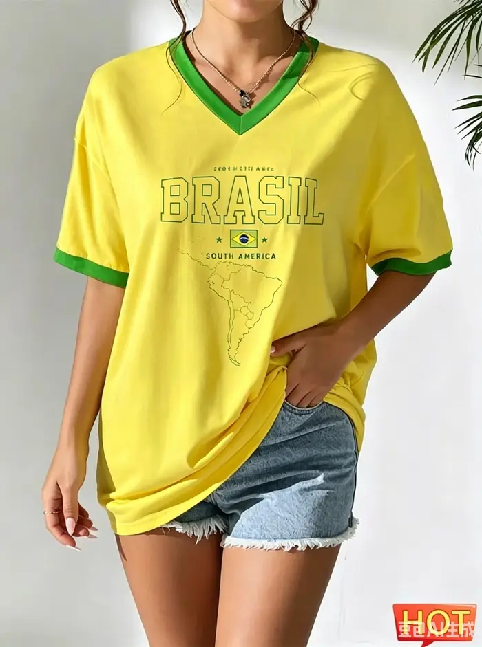 T-shirt à manches courtes avec imprimé drapeau du Brésil, haut décontracté pour fans de l'équipe nat