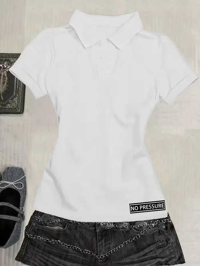 Polo slim noir Y2K pour femme, vêtements de travail, hauts imprimés rouges