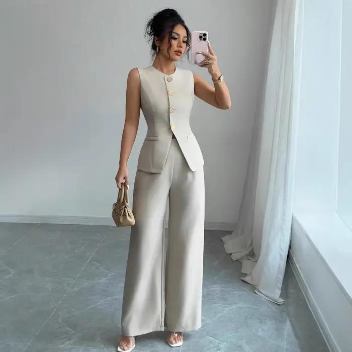 Ensemble chic pour femme 2026 : Gilet sans manches et pantalon large – Tenue de bureau élégante deux pièces décontractée