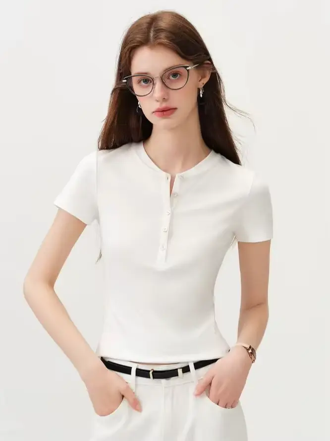 FSLE Nouveau T-shirt blanc ajusté à manches courtes pour femme avec boutons