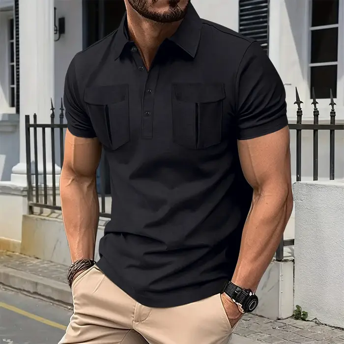 Vente Flash Transfrontalière ! Polo pour homme de style mature, couleur unie, design à double poche,