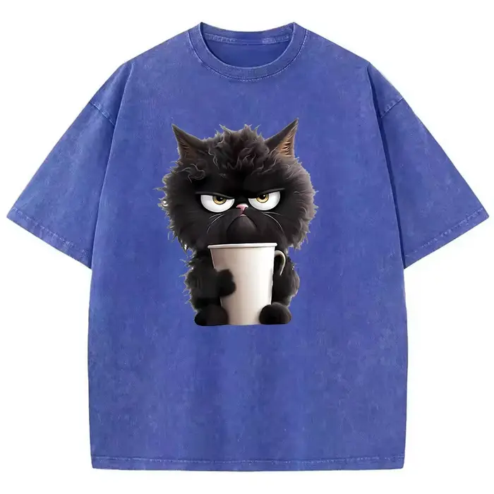 T-Shirt Vintage café chat lavé 100% coton T-Shirt graphique T-Shirt décontracté Streetwear printemps été