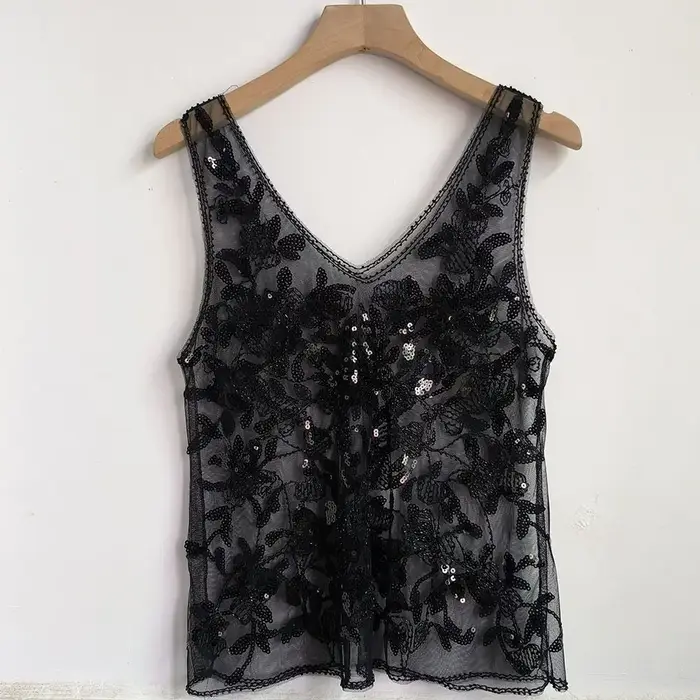 Paillettes perles Style français 2025 été nouveau gilet sans manches coupe ajustée Perspective Sexy