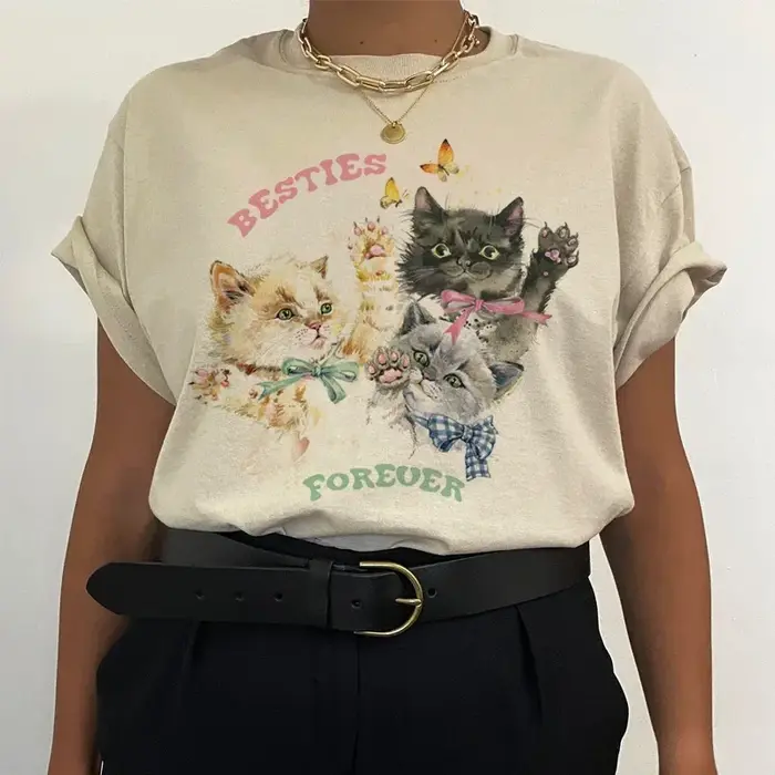 Mignon chaton Besties pour toujours femmes graphique hauts mode surdimensionné t-shirt Vintage esthétique Cottagecore