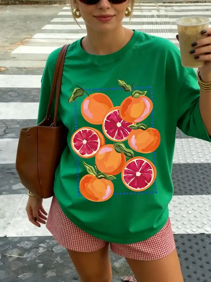 T-shirt unisexe à col ras du cou en coton, motif orange doux, style Y2K, manches courtes, décontract