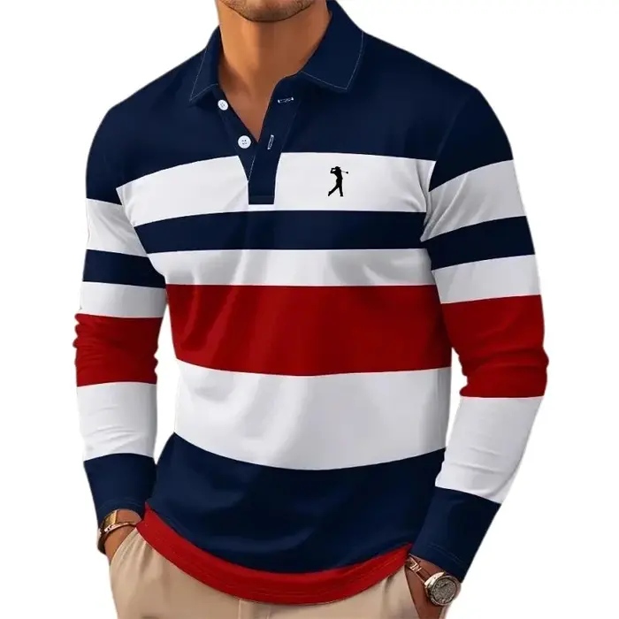 Polo de rugby rayé pour hommes, chemise à col à manches longues, décontracté, école, sports de plein