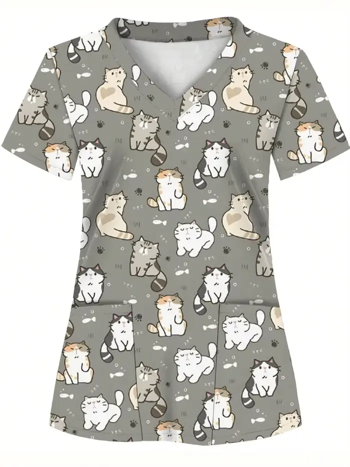 T-shirt d'été pour femme à col en V, haut imprimé pour le travail, chemise d'uniforme d'infirmière à