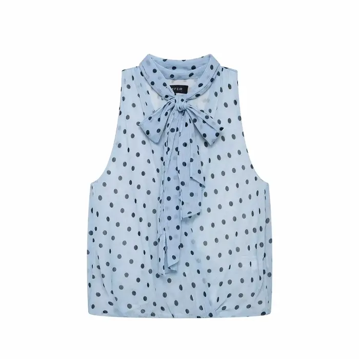 Hauts à pois pour femmes, mode d'été, débardeur chic et élégant à col en V sans manches avec nœud dé