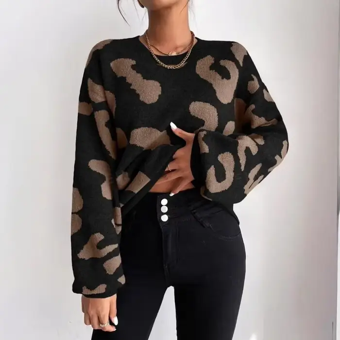 Pull imprimé léopard pour femme, col rond, surdimensionné, automne hiver, haut en tricot polyvalent, chemisier Chic décontracté