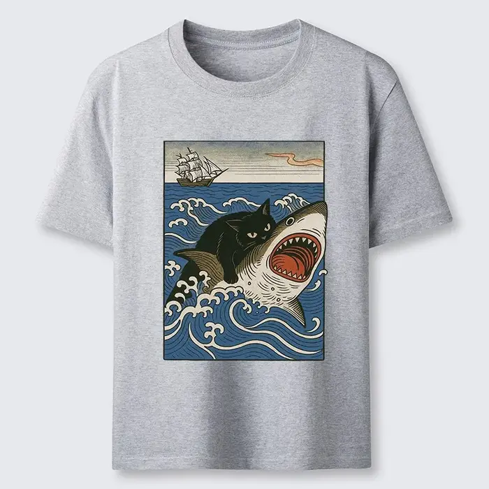 T-shirt classique à manches courtes et col rond en pur coton pour homme, motif requin chasseur de chats, style sportif Harajuku chic, coupe oversize, idéal pour l'été