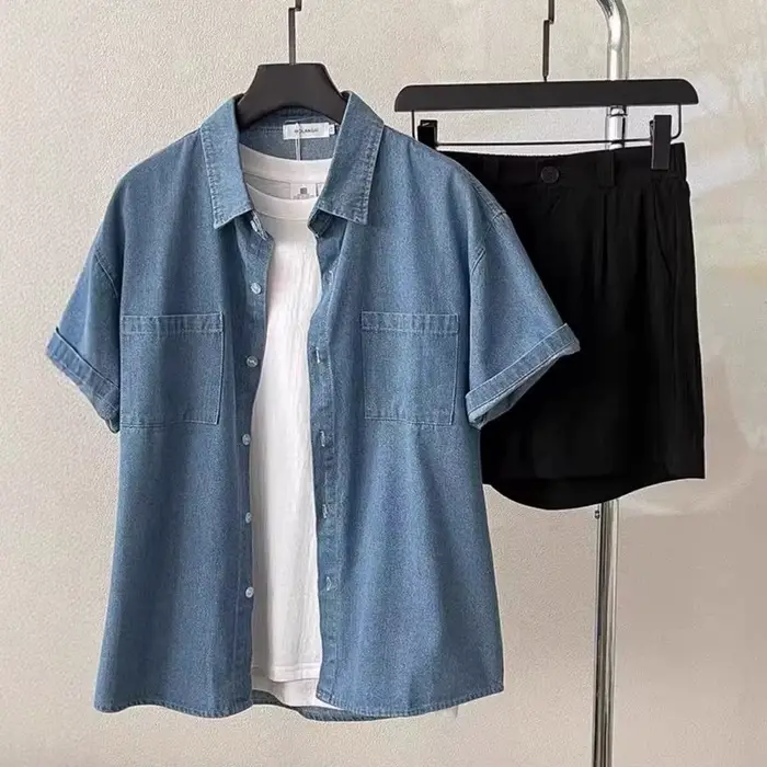 Chemise décontractée vintage en denim ample à manches courtes pour femmes printemps été nouveau style polyvalent col