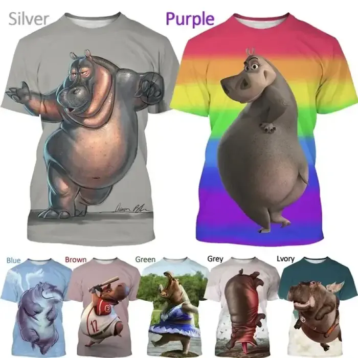T-shirt à imprimé graphique hippopotame de dessin animé, personnalité animale, mode masculine, décontracté, drôle, impression 3D, streetwear, basique, col rond, manches courtes
