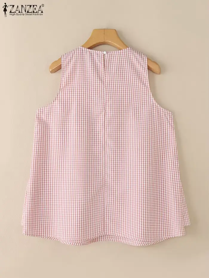 ZANZEA mode été débardeurs femmes t-shirts sans manches 2025 élégant à volants chemises à carreaux décontracté réservoirs amples Vintage imprimé Blusas