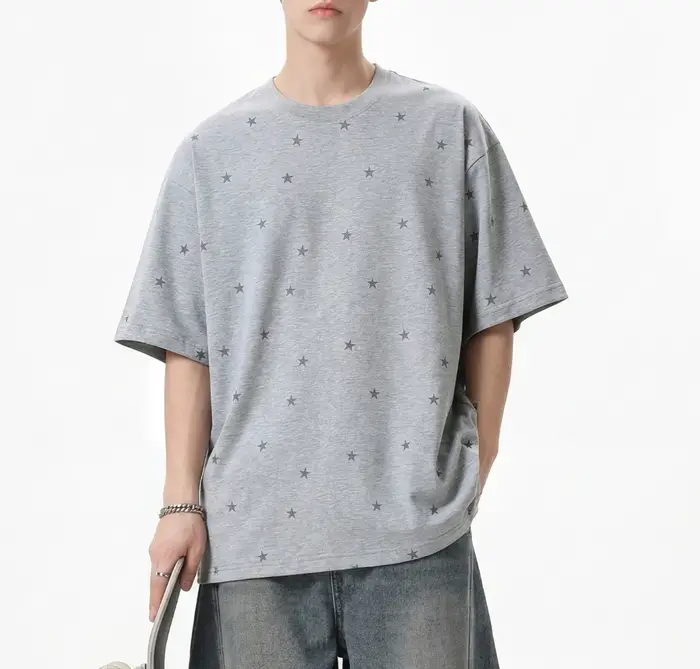 T-shirt Rétro à Manches Courtes Motif Étoiles 2026 – Nouvelle Collection Homme Été en Coton Pur Coupe Ample Décontractée