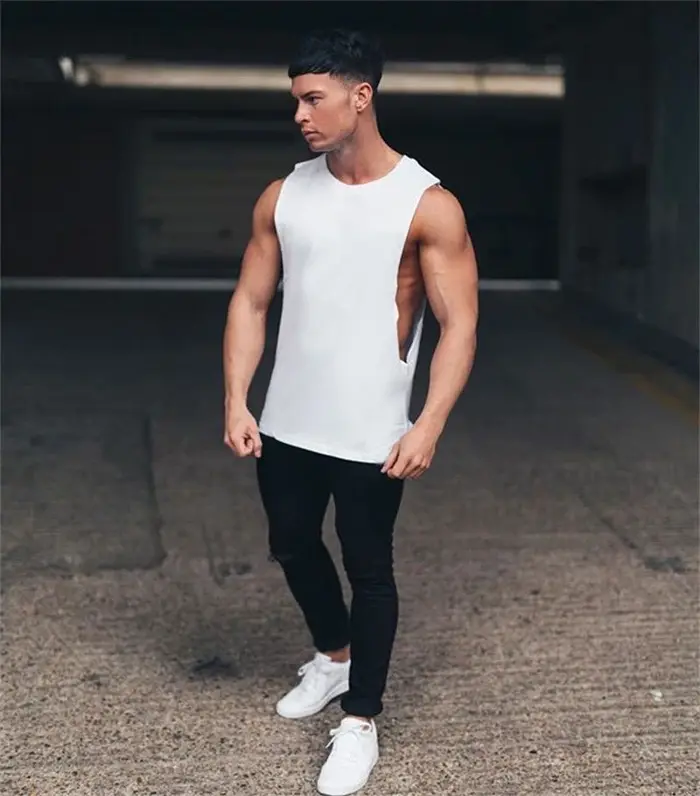 Chemise de sport en coton pour hommes, haut de sport, vêtements de fitness d'été, chemise d'entraînement, chemise longue pour hommes, Hip Hop