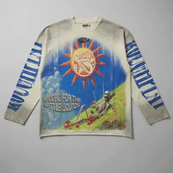 T-shirt imprimé délavé style rétro américain à manches longues