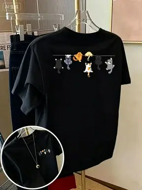 Cat Rope, t-shirt à imprimé chats de dessin animé, haut décontracté à manches courtes et col rond po