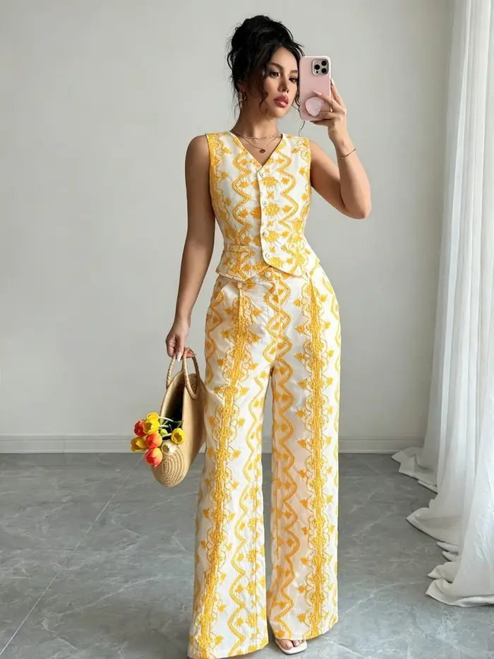 Ensemble 2 pièces pour femmes avec broderie florale jaune - Gilet sans manches et pantalon large, st