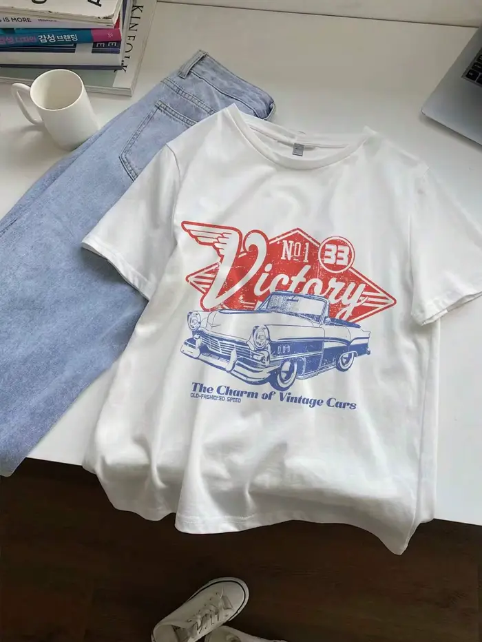 T-shirts pour femmes, imprimé The Charm Of Vintage Cars Victory, manches courtes, col rond, vêtement