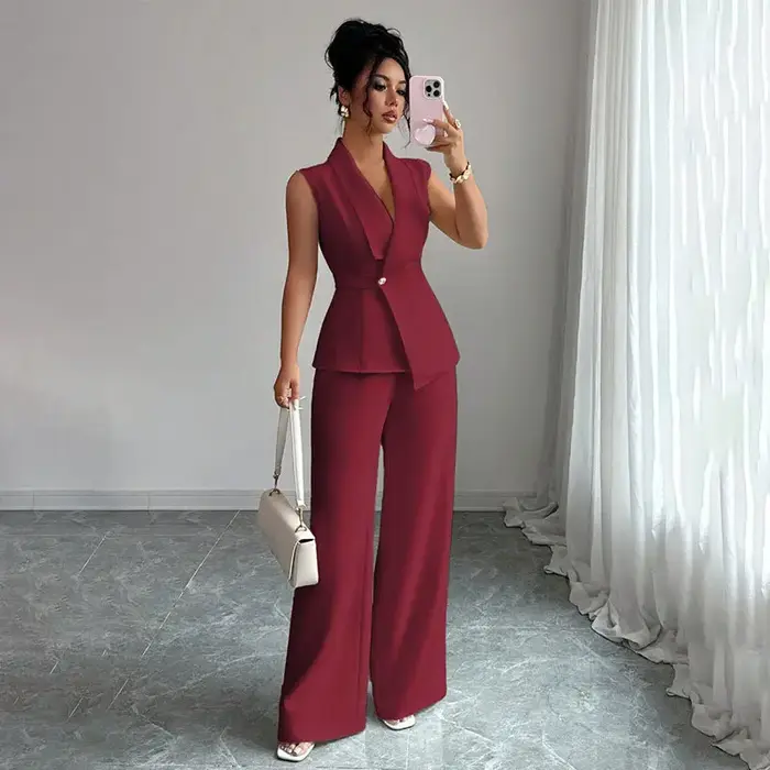 Ensemble élégant 2 pièces pour femme : Gilet blazer sans manches à col en V et pantalon large – Tenue de bureau professionnelle