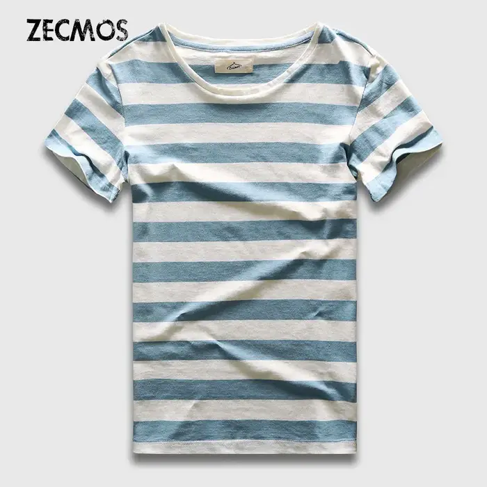Zecmos nouveaux hommes T-Shirt à rayures mode col rond à manches courtes coupe ajustée bleu rayé