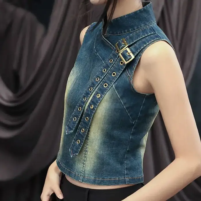 Haut en Denim pour femmes, nouveau T-shirt rétro d'été 2025, col montant, T-shirt court polyvalent à la taille
