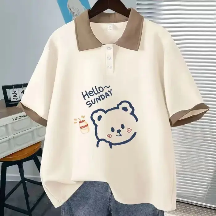 Mode col Polo à manches courtes T-shirt mignon ours en peluche haut ample femmes