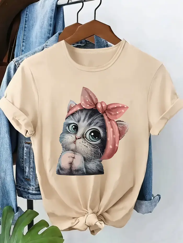 T-shirt pour femme avec motif chat kawaii et nœud