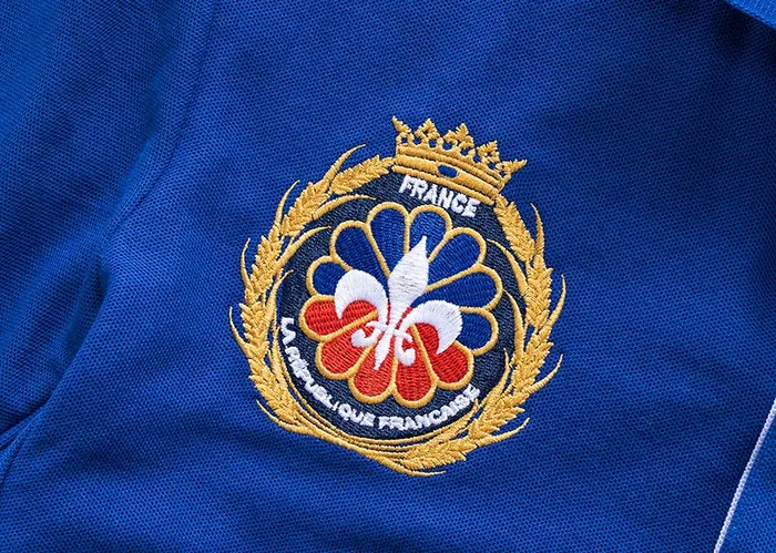 Polo homme France manches courtes Royal loisirs sport fête coton brodé avec fente contraste couleur original