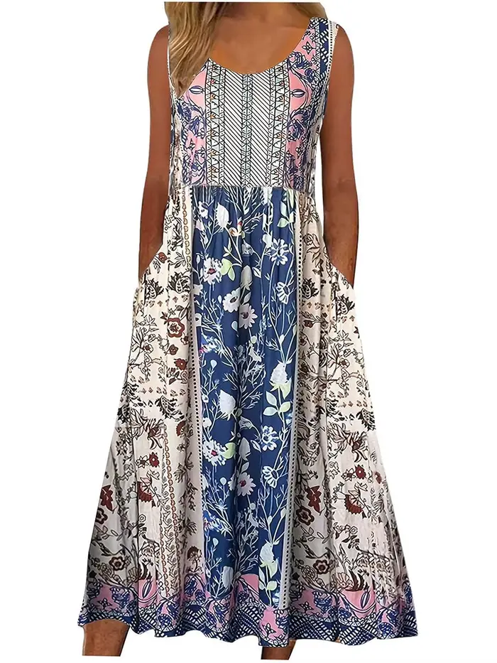 2025 été nouveau! Robe d'été MIDI de plage décontractée à fleurs bohème sans manches pour femmes ave