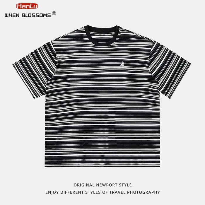 HANLU rétro contraste couleur rayure à manches courtes T-Shirt unisexe été nouveau Style broderie à