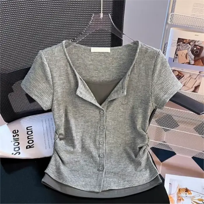 T-shirt amincissant à manches courtes pour femme, design épaules tendance, coupe décontractée ample,