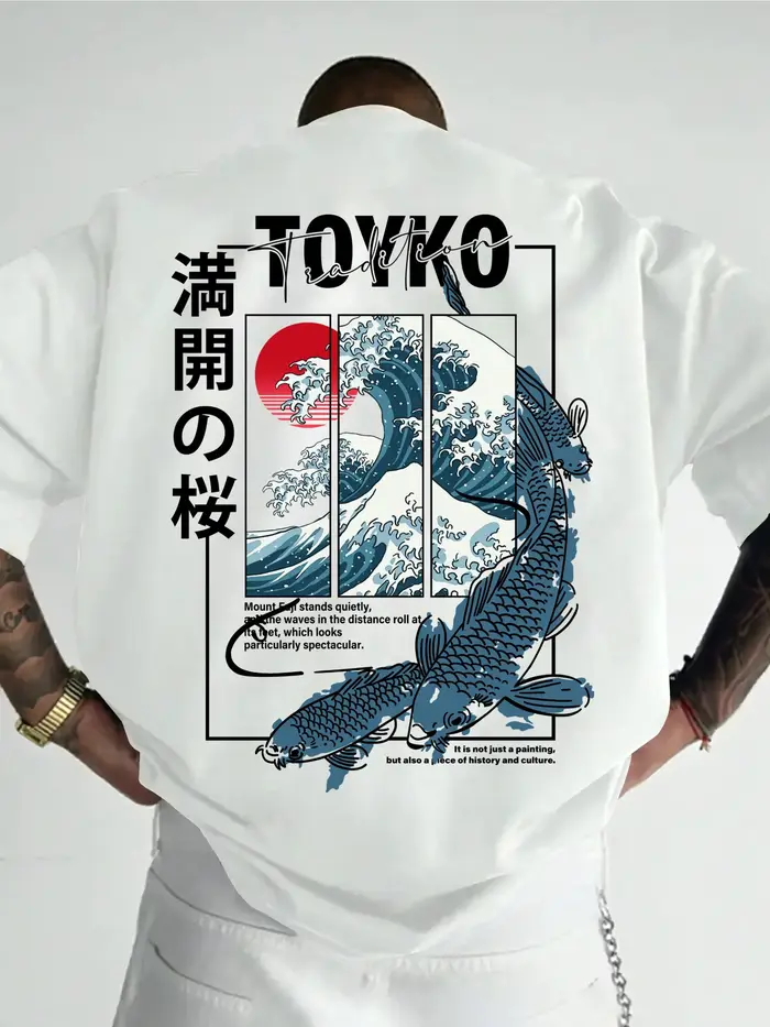 T-shirt unisexe japonais « TOYKO » avec motif vague et dragon