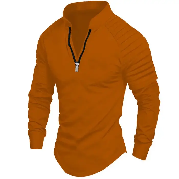 2025 printemps automne hommes Polo mode bras plissé conception à manches longues col montant fermeture éclair haut