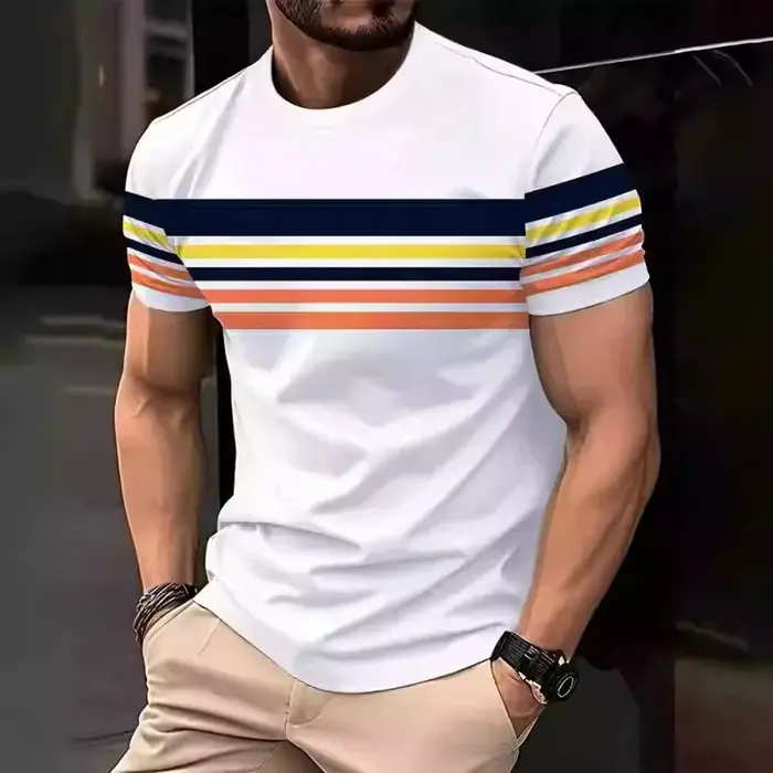 Rayures colorées motif T-Shirt pour hommes mode bloc de couleur 3D imprimé t-shirts été respirant haut col en o