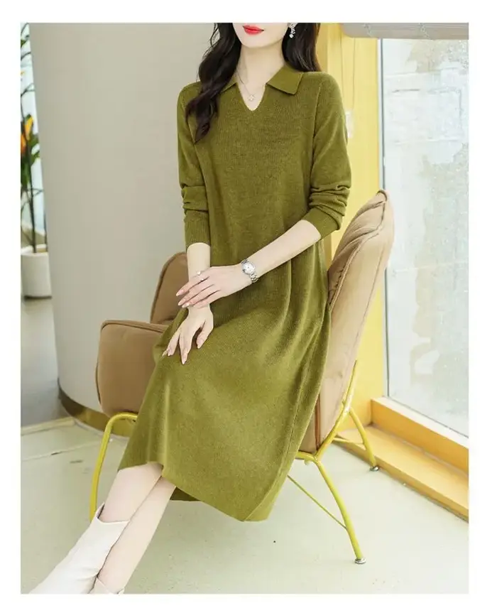 Robe verte en tricot à manches longues et col Polo pour femme