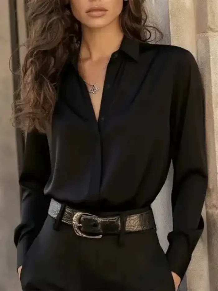 Chemisier boutonné à manches longues pour femme – Haut chic de bureau élégant avec col classique et 