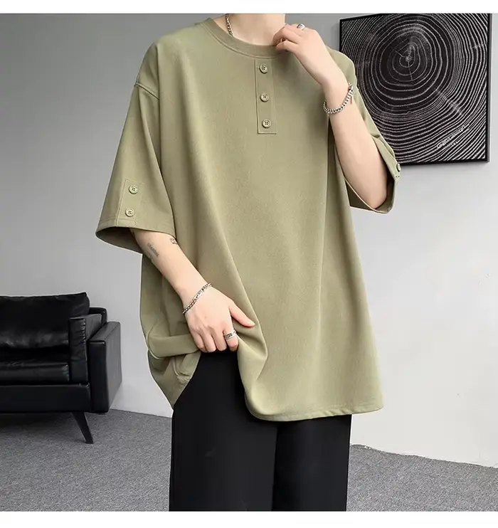 T-shirt hommes été boutons décor Hip Hop Streetwear mode T-Shirts haut surdimensionné T-Shirts hommes décontracté col rond demi manches t-shirt